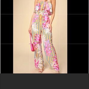 Montana yellow tropical print strapless Jumpsuit